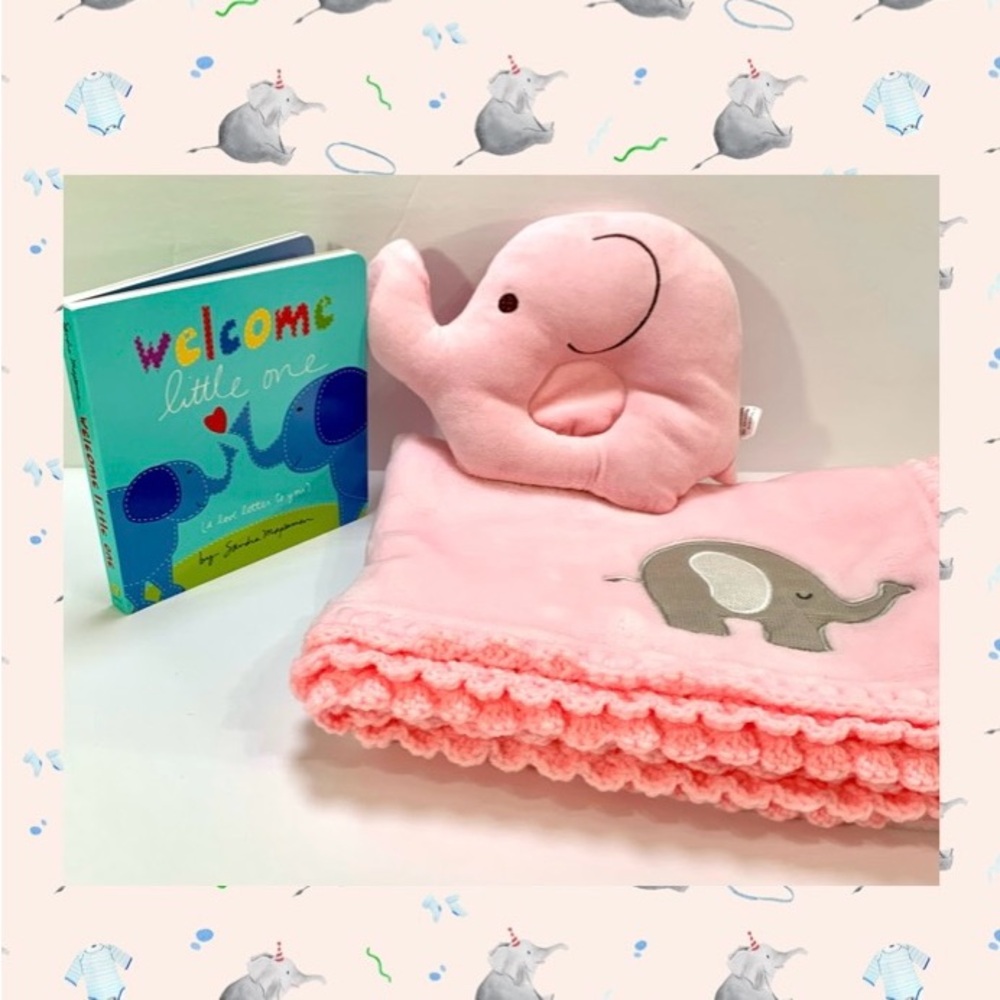 Pink Elephant Welcome Little One Crochet Baby Blanket Set